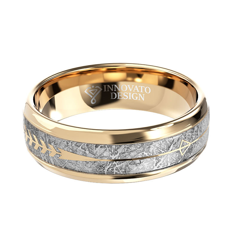 Gold Tungsten Carbide in Meteorite Inlay with Golden Arrow Wedding Band-Rings-Innovato Design-7-Innovato Design