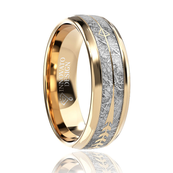 Gold Tungsten Carbide in Meteorite Inlay with Golden Arrow Wedding Band-Rings-Innovato Design-7-Innovato Design