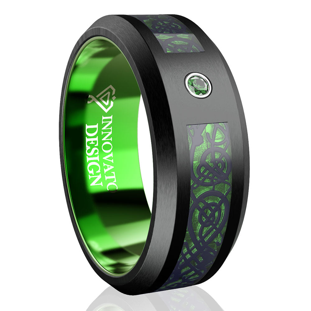 Black Tungsten Carbide Dragon Blue Inlay with Cubic Zirconia Firestone Wedding Band-Rings-Innovato Design-Green-7-Innovato Design