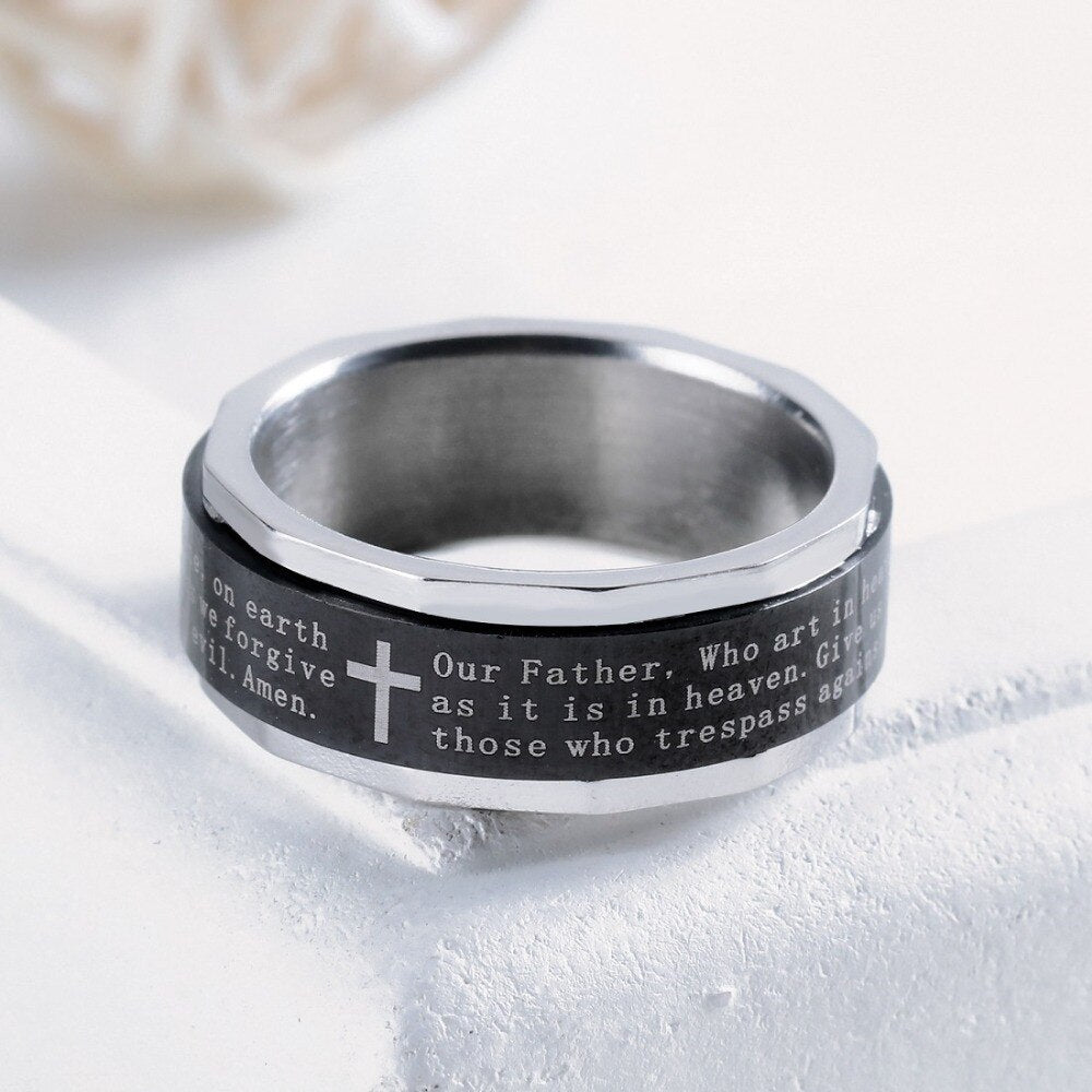 Black Stainless Steel Religious Cross Serenity Prayer Spinner Ring 9MM-Rings-Innovato Design-7-Innovato Design