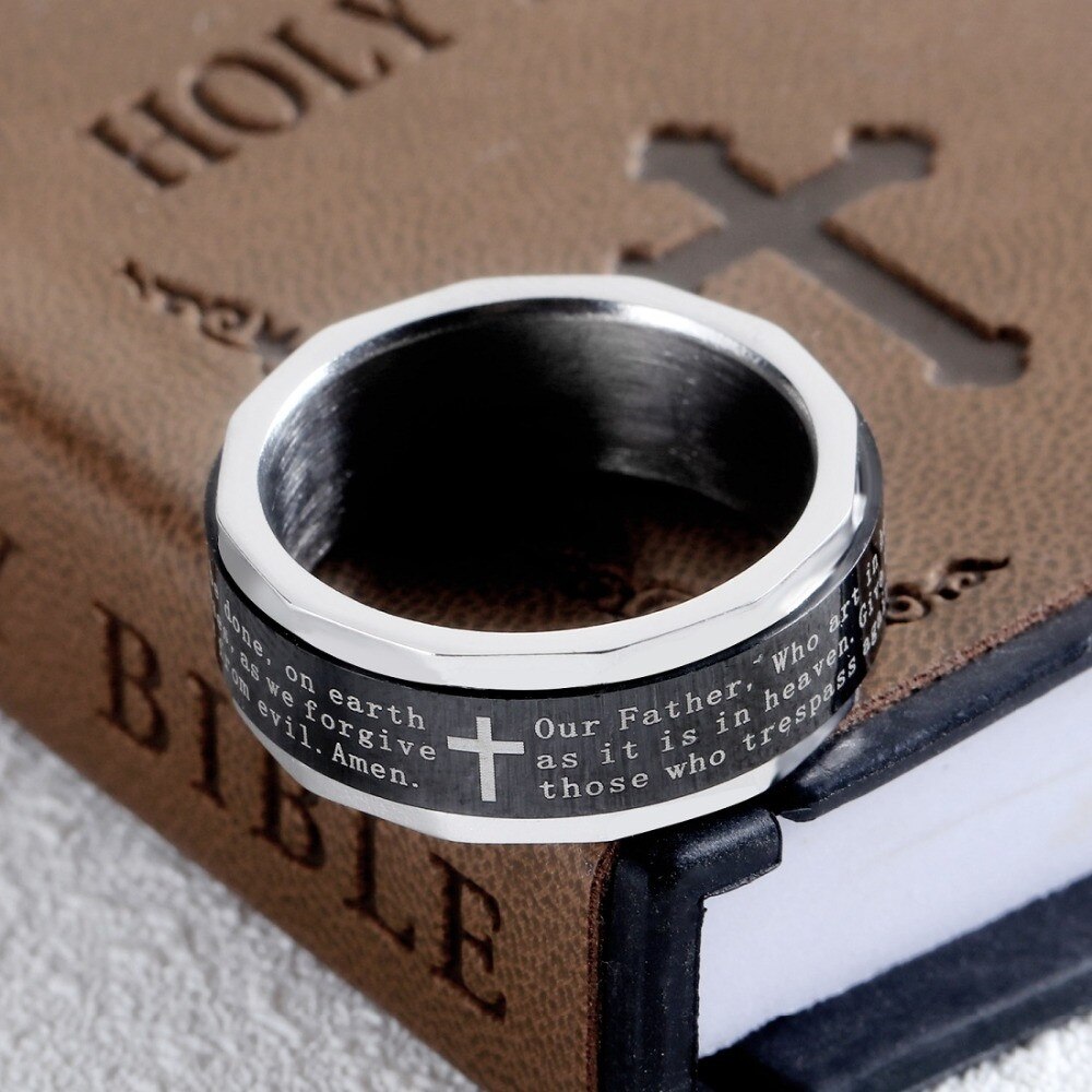 Black Stainless Steel Religious Cross Serenity Prayer Spinner Ring 9MM-Rings-Innovato Design-7-Innovato Design