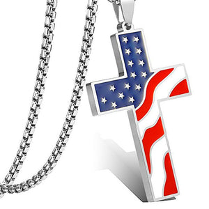American Flag Patriotic Cross Religious Jewelry Enamel Pendant Necklace-Necklaces-Innovato Design-Silver-Innovato Design