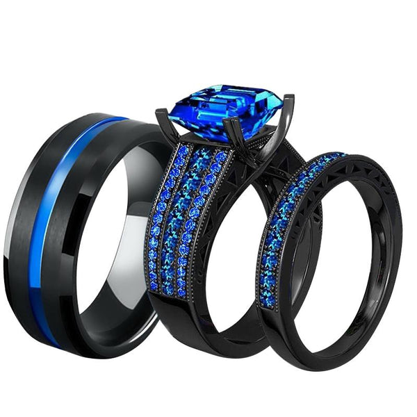 His & Hers Blue Inlay Black and Blue Cubic Zirconia Stainless Steel Wedding Bands-Couple Rings-Innovato Design-6-5-Innovato Design