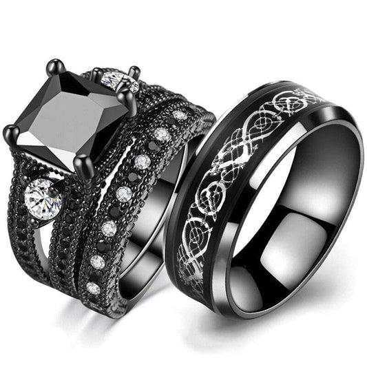 Silver Celtic Dragon Inlay and Black Cubic Zirconia Stainless Steel Wedding Ring Set-Couple Rings-Innovato Design-6-5-Innovato Design