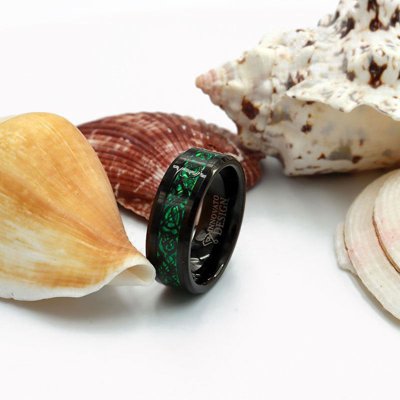 Men's 8mm Green Carbon Fiber Black Celtic Dragon Tungsten Carbide Ring Comfort Fit Wedding Band-Rings-Innovato Design-5.5-Innovato Design