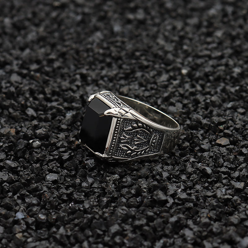 925 Sterling Silver Black Onyx Ring with Engraved Flower for Men-Rings-Innovato Design-7-Innovato Design
