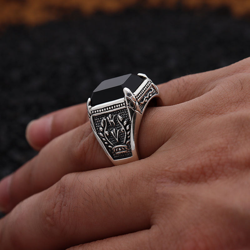 925 Sterling Silver Black Onyx Ring with Engraved Flower for Men-Rings-Innovato Design-7-Innovato Design