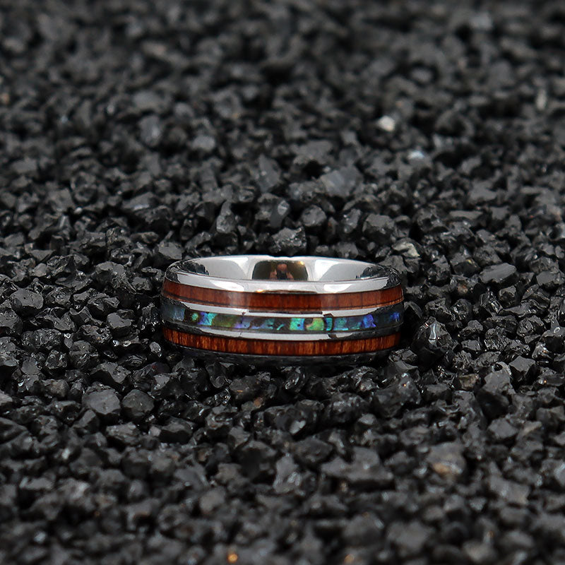 His & Her 6mm/8mm Hawaiian Koa Wood And Abalone Shell Tungsten Carbide Rings Set-Ring-Innovato Design-6-5-Innovato Design