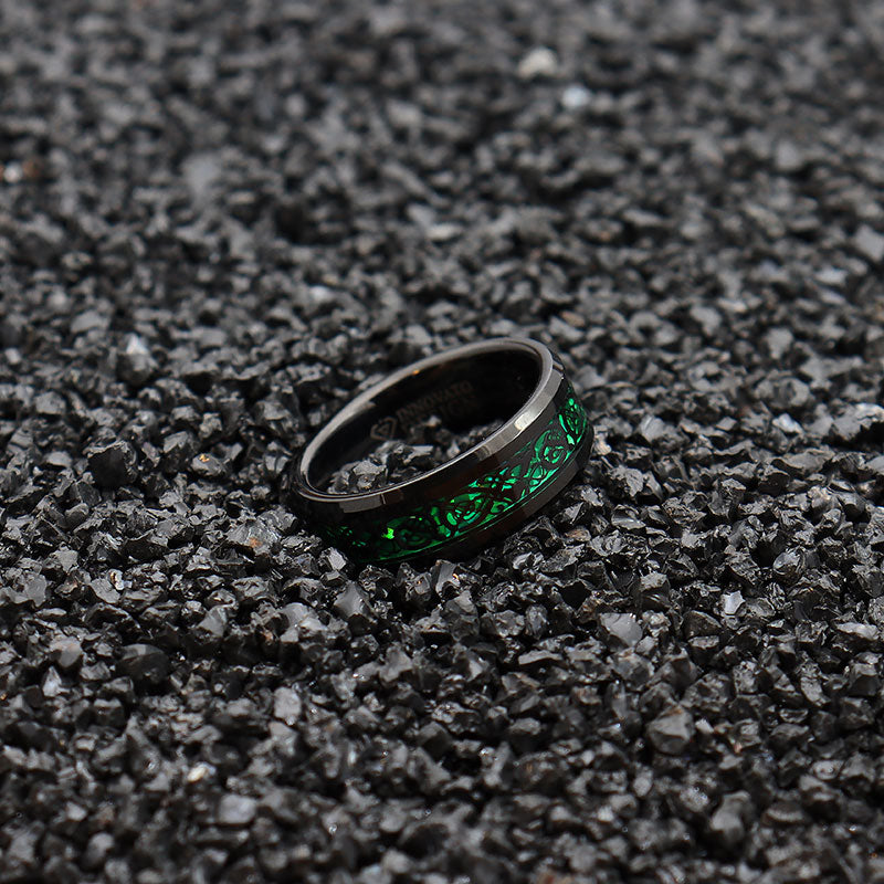 Men's 8mm Green Carbon Fiber Black Celtic Dragon Tungsten Carbide Ring Comfort Fit Wedding Band-Rings-Innovato Design-5.5-Innovato Design