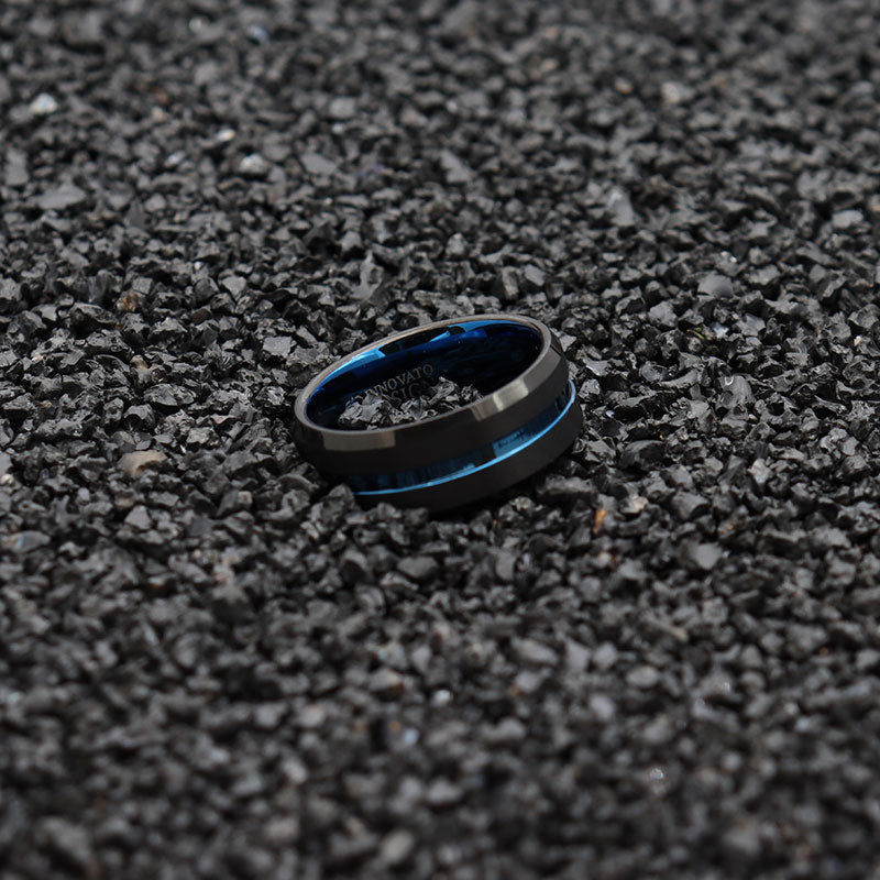 Men 10mm Black Matte Finish Tungsten Carbide Ring Blue Beveled Edge Wedding Band-Rings-Innovato Design-7-Innovato Design