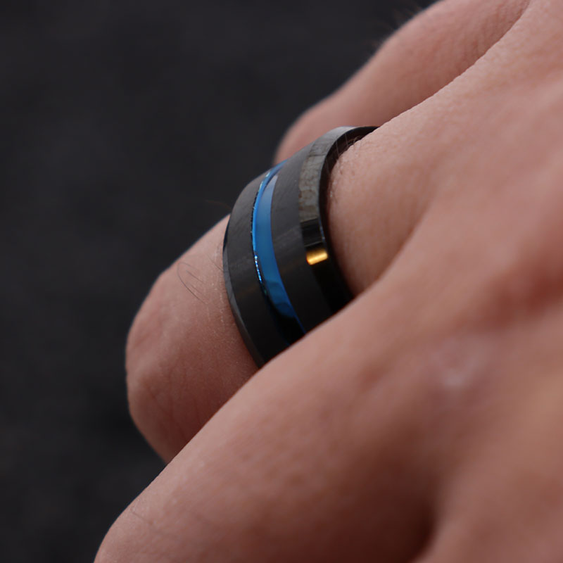 Men 10mm Black Matte Finish Tungsten Carbide Ring Blue Beveled Edge Wedding Band-Rings-Innovato Design-7-Innovato Design