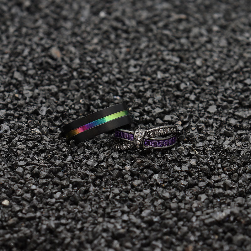 Rainbow Tungsten Carbide and Bow Purple Rhinestone & Cubic Zirconia Wedding Ring Set-Couple Rings-Innovato Design-6-5-Innovato Design
