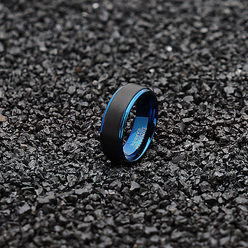 Men 8mm Black Blue Two-tone Tungsten Carbide Wedding Band Ring Matte Finish-Rings-Innovato Design-7-Innovato Design
