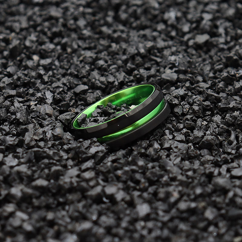 8mm Black Beveled and Green-Plated Tungsten Carbide Wedding Band-Rings-Innovato Design-6-Innovato Design