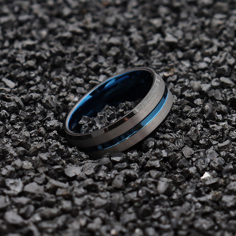 8mm Black with Blue Groove and Beveled Edges Tungsten Wedding Ring-Rings-Innovato Design-5-Innovato Design