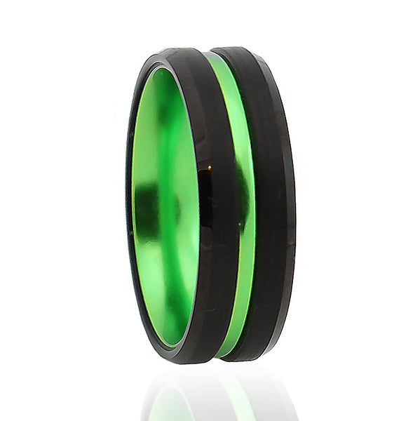 8mm Black Beveled and Green-Plated Tungsten Carbide Wedding Band-Rings-Innovato Design-6-Innovato Design