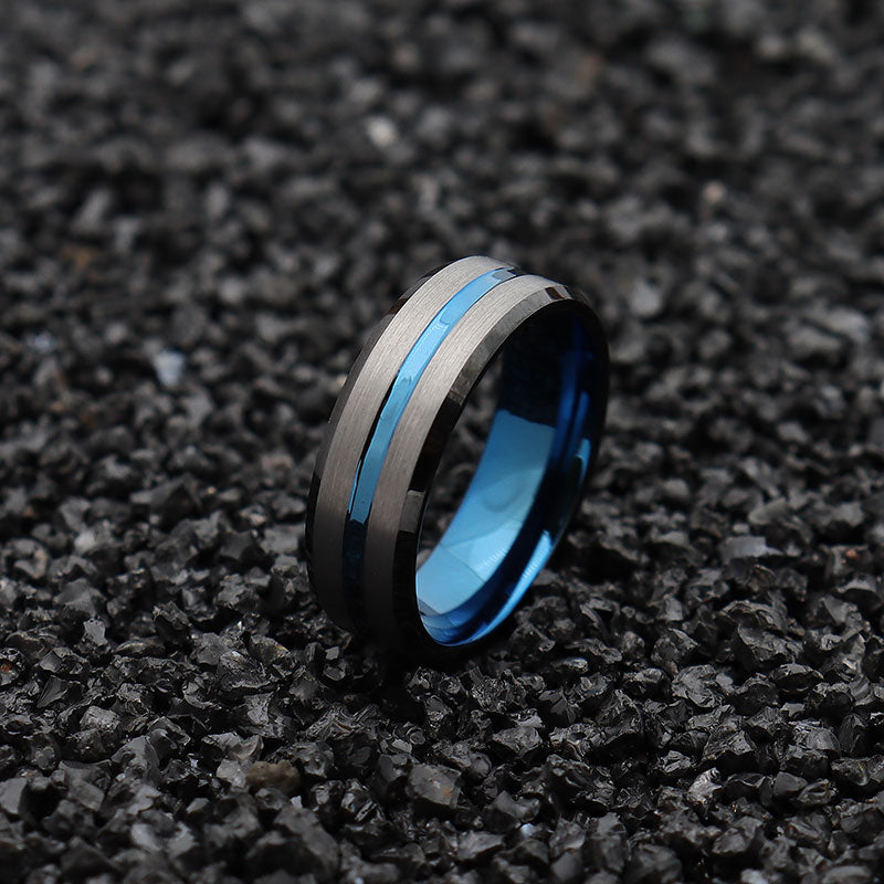 8mm Black with Blue Groove and Beveled Edges Tungsten Wedding Ring-Rings-Innovato Design-5-Innovato Design