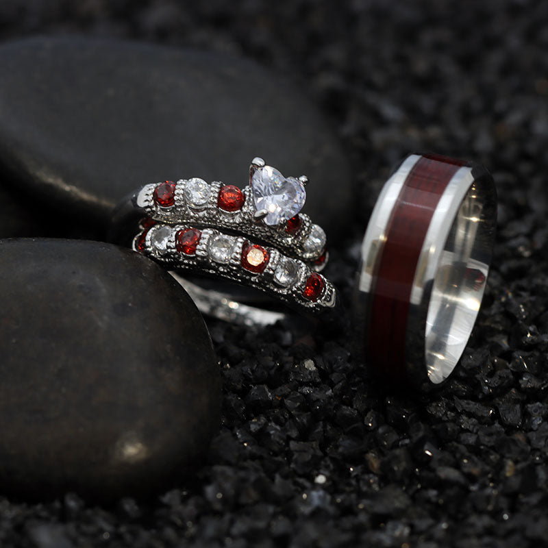 His and Hers Wedding Set - 10K White Gold Plated Women's Wedding Engagement Ring Men's Tungsten Carbide Band-Rings-Innovato Design-7-6-Innovato Design