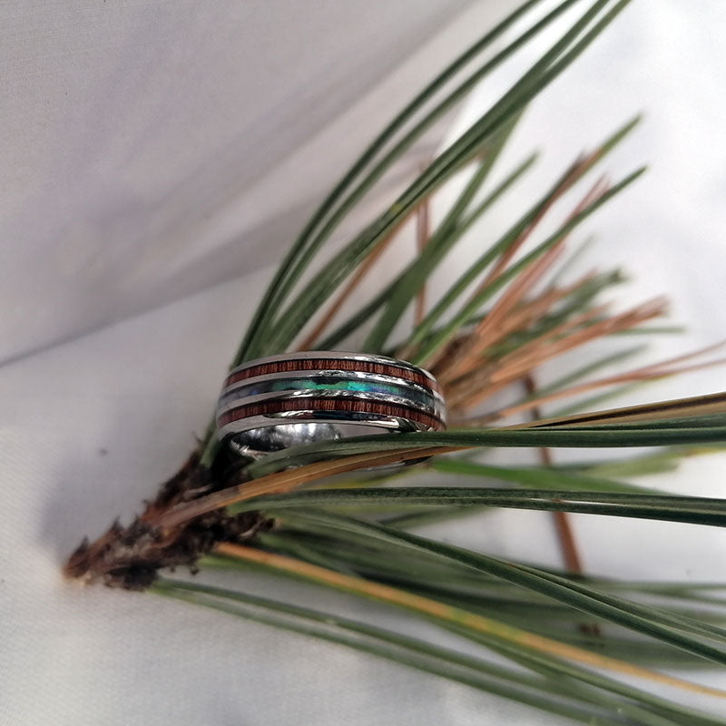 thumbnail image 2 of 8mm Tungsten Ring For Men – Hawaiian Koa Wood & Abalone Shell Inlay – Stainless Steel 2 of 4