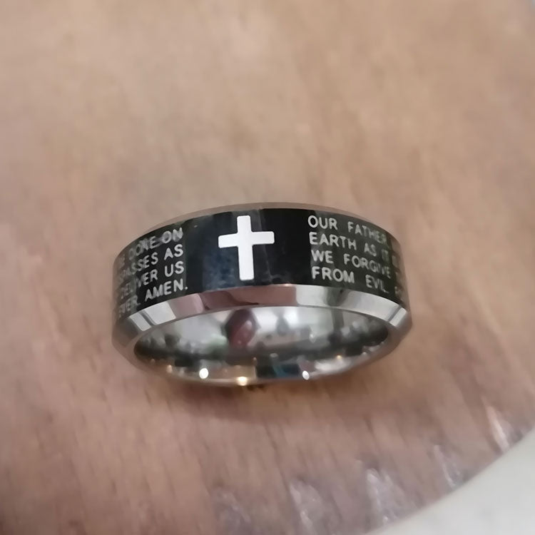 Two Tone Black Titanium Lords Prayer Ring Band Sizes 7 to 13-Rings-Innovato Design-6-Innovato Design