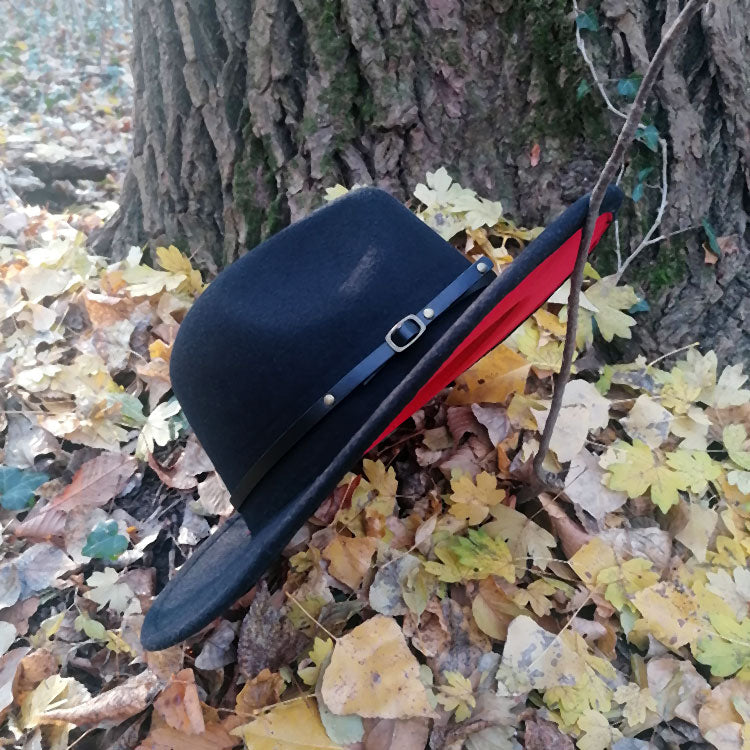 Patchwork Wool Felt Fedora Hat with Belt and Buckle-Hats-Innovato Design-Black Red-L-Innovato Design