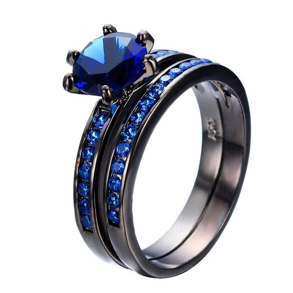 Jewelry Women's Lab Stone Blue Cubic Zirconia Black Gold Plated Ring Promise Engagement Wedding Womens Ring Set Size 6-10, 9