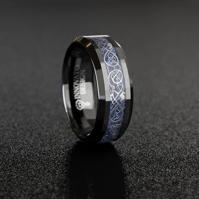 8mm Dragon Silver Inlay Black Over Blue Tungsten Carbide Wedding Comfort Fit Ring for Men-Rings-Innovato Design-5-Innovato Design