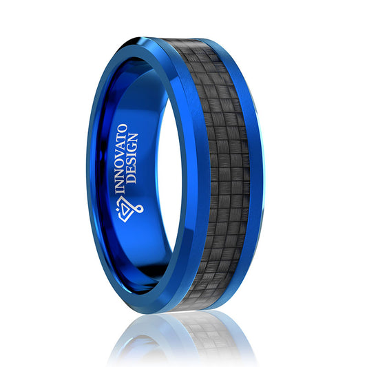 Men's Titanium Wedding Band, Engagement Ring, Blue Ion Plating and Black Carbon Fiber Inlay 8-13-Rings-Innovato Design-8-Innovato Design