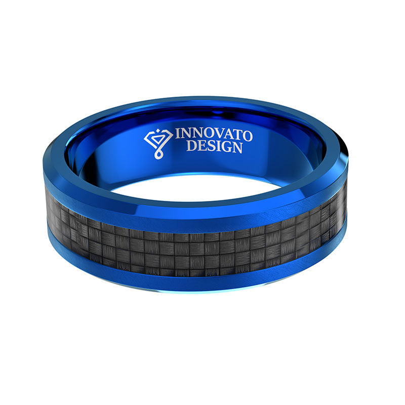 Men's Titanium Wedding Band, Engagement Ring, Blue Ion Plating and Black Carbon Fiber Inlay 8-13-Rings-Innovato Design-8-Innovato Design