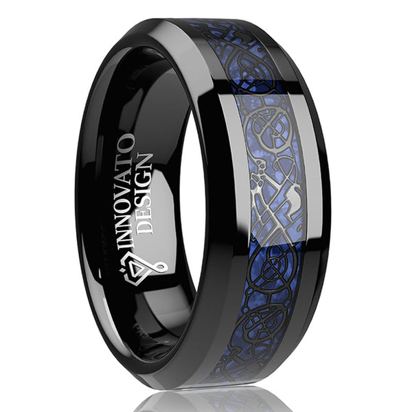 DRAGON Men's 8 mm Blue Carbon Fiber Black Celtic Dragon Tungsten Carbide Ring Wedding Band
