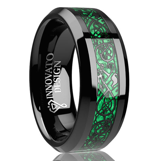 Men's 8mm Green Carbon Fiber Black Celtic Dragon Tungsten Carbide Ring Comfort Fit Wedding Band-Rings-Innovato Design-5.5-Innovato Design
