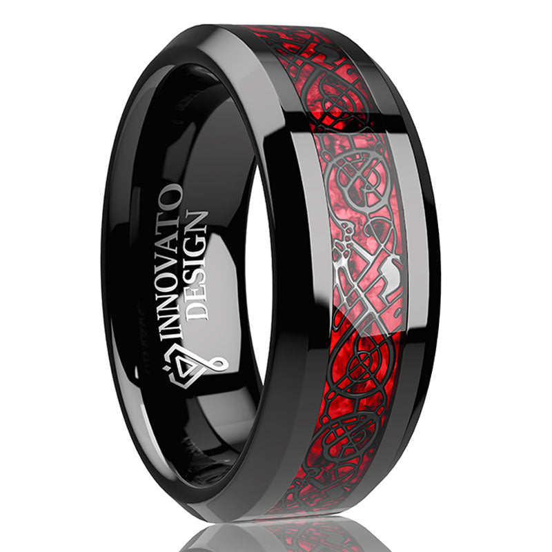 8mm Red & Black Celtic Dragon Tungsten Carbide Comfort Fit Wedding