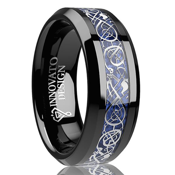 8mm Dragon Silver Inlay Black Over Blue Tungsten Carbide Wedding Comfort Fit Ring for Men
