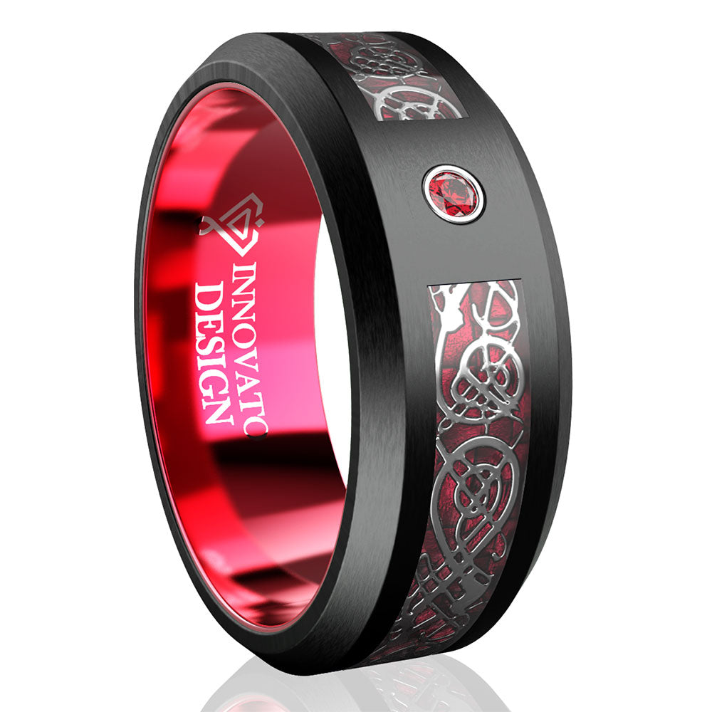 Black Tungsten Carbide Dragon Blue Inlay with Cubic Zirconia Firestone Wedding Band-Rings-Innovato Design-Red-7-Innovato Design