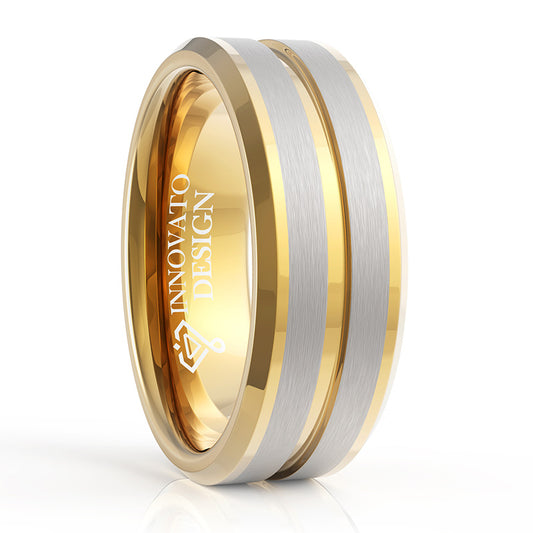8mm Silver Brushed Yellow Gold Tungsten Ring-Rings-Innovato Design-5-Innovato Design