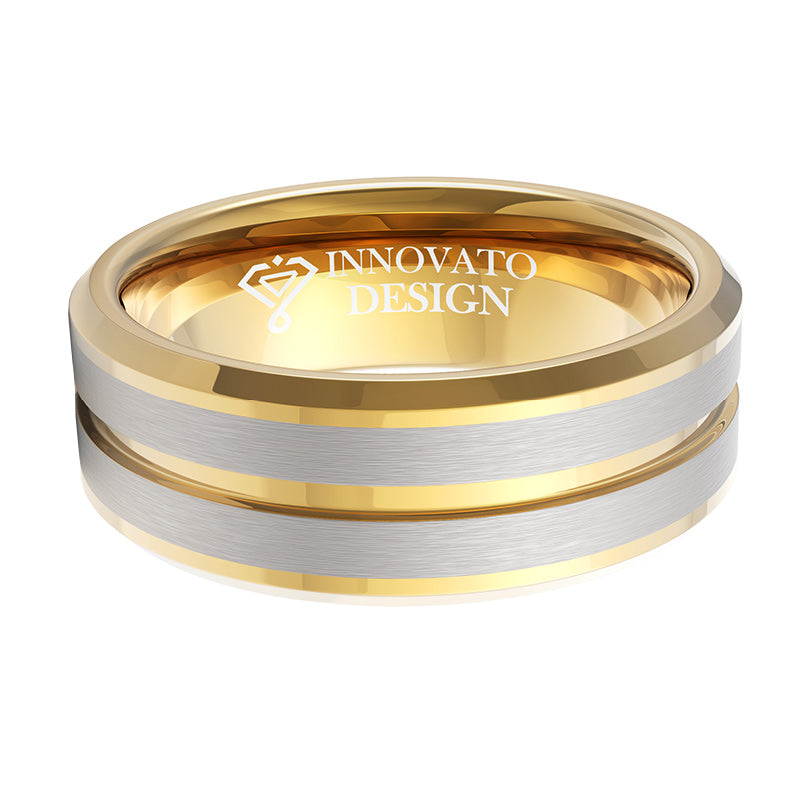 8mm Silver Brushed Yellow Gold Tungsten Ring-Rings-Innovato Design-5-Innovato Design