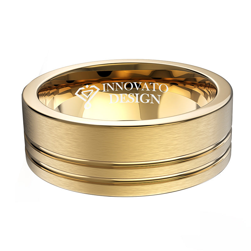 8mm Yellow Gold Plated Double Offset Lines Tungsten Ring-Rings-Innovato Design-5-Innovato Design
