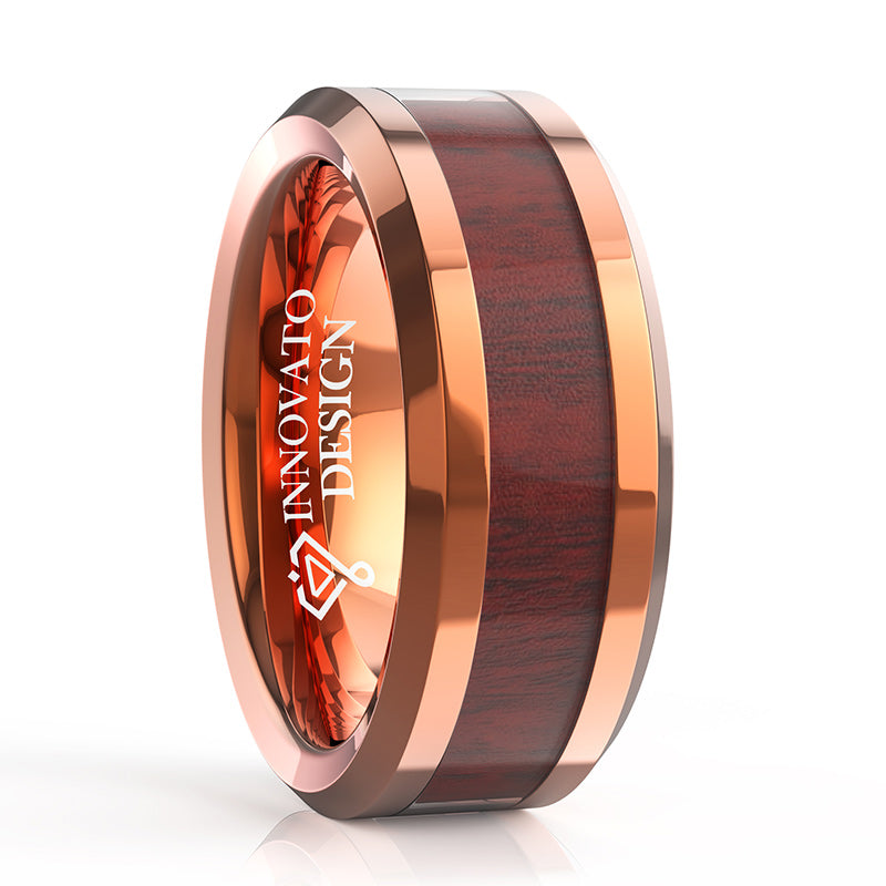 8mm Nature Koa Wood Inlay Rose Gold Wedding Band-Rings-Innovato Design-5-Innovato Design