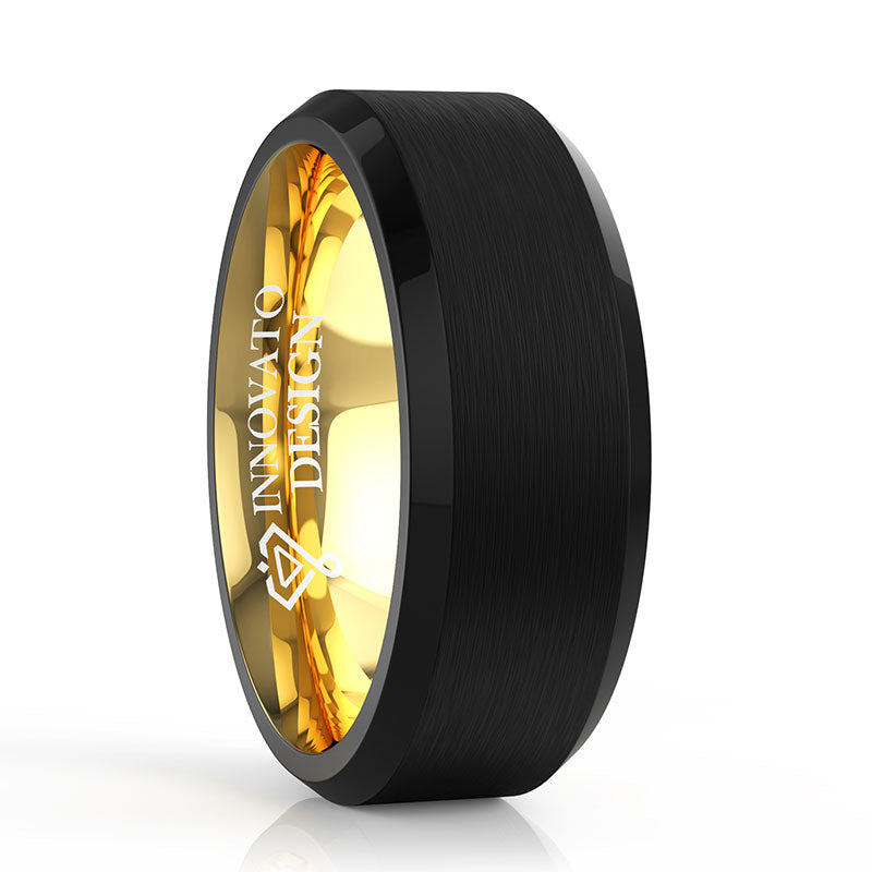 DUO 8mm Black Matte Finish Tungsten Carbide Ring 18K Gold Plated Beveled Edge Wedding Band-Rings-Innovato Design-7-Innovato Design