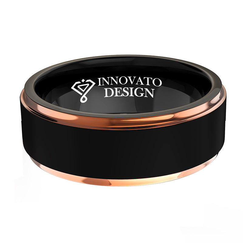8mm Two Tone Rose Gold and Black Brushed Center Tungsten Wedding Band-Rings-Innovato Design-5-Innovato Design