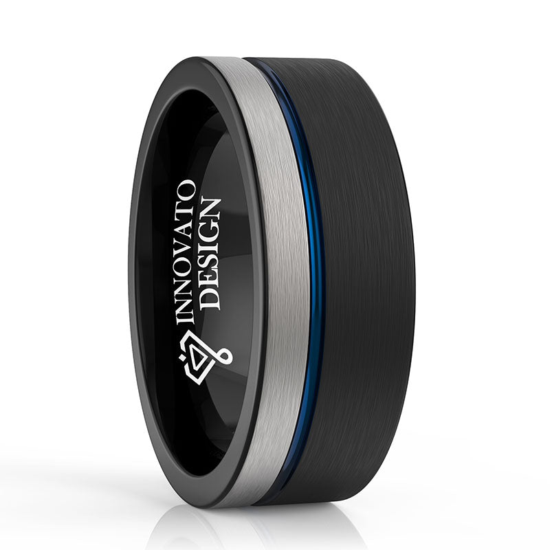 8mm Black, Silver and Blue Brushed Matte and Polished Tungsten Wedding Ring-Rings-Innovato Design-5-Innovato Design