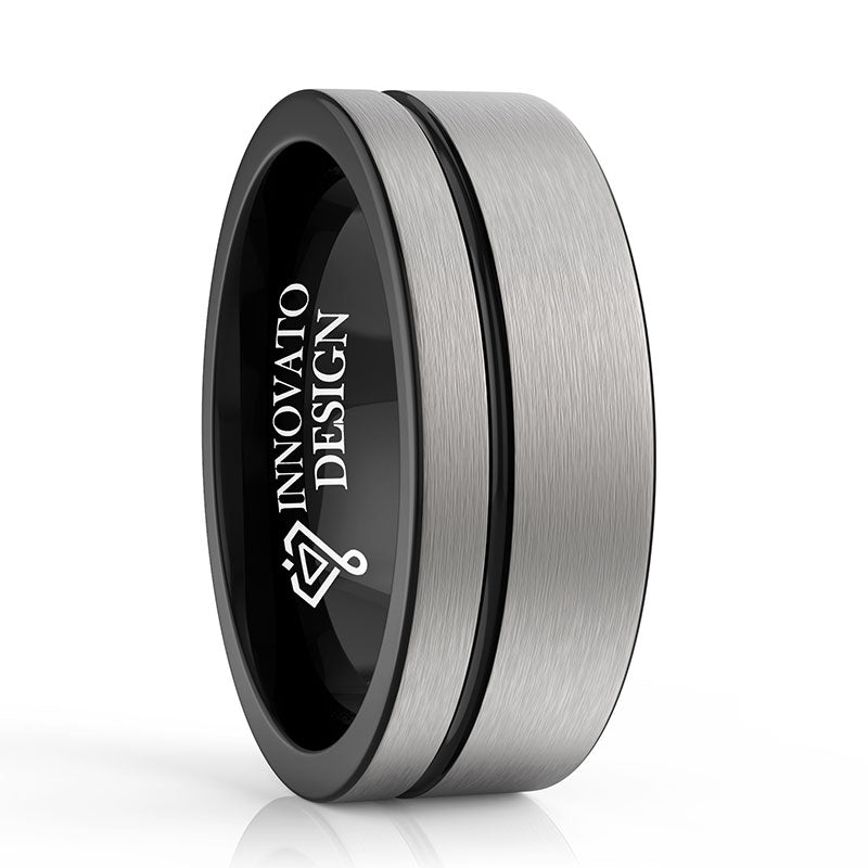 8mm Brushed Matte Grey with Black Groove Tungsten Carbide Ring-Rings-Innovato Design-5-Innovato Design