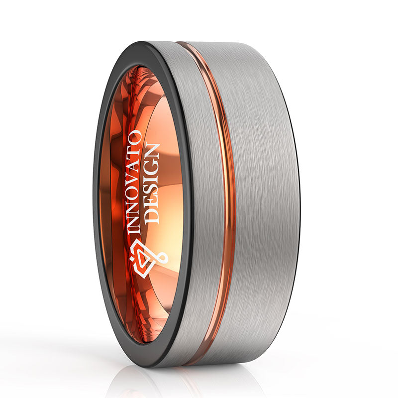 8mm Brushed Matte Silver with Rose Gold Groove Tungsten Carbide Ring-Rings-Innovato Design-5-Innovato Design