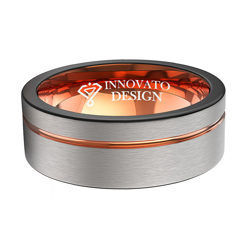 8mm Brushed Matte Silver with Rose Gold Groove Tungsten Carbide Ring-Rings-Innovato Design-5-Innovato Design