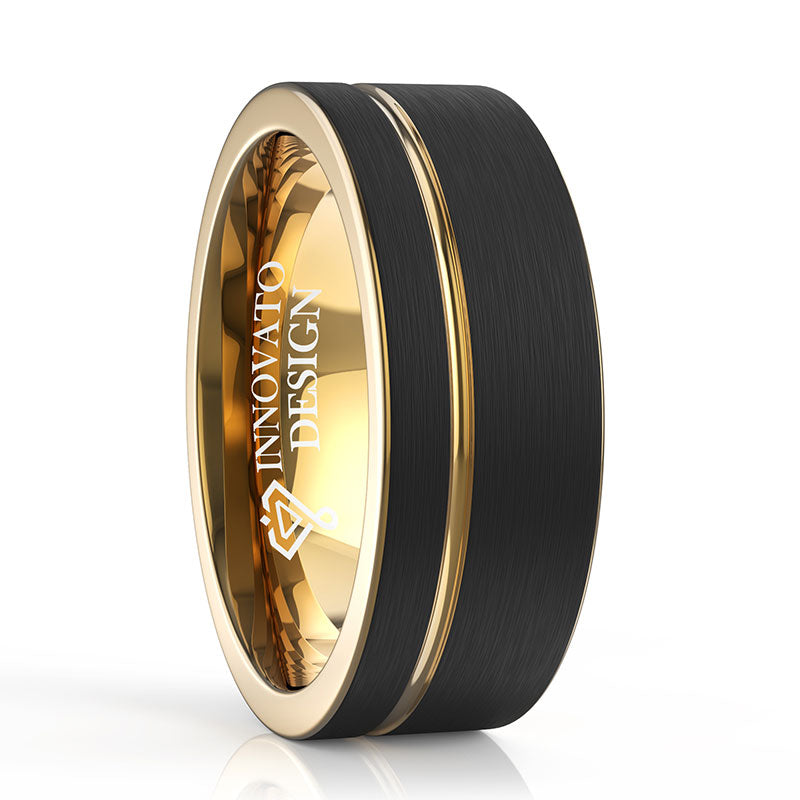 8mm Brushed Matte Black with Golden Groove Tungsten Carbide Ring-Rings-Innovato Design-5-Innovato Design