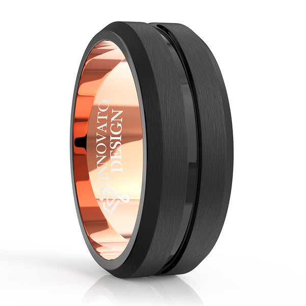 8mm Black and Rose Gold Tungsten Two Tone Carbide Ring