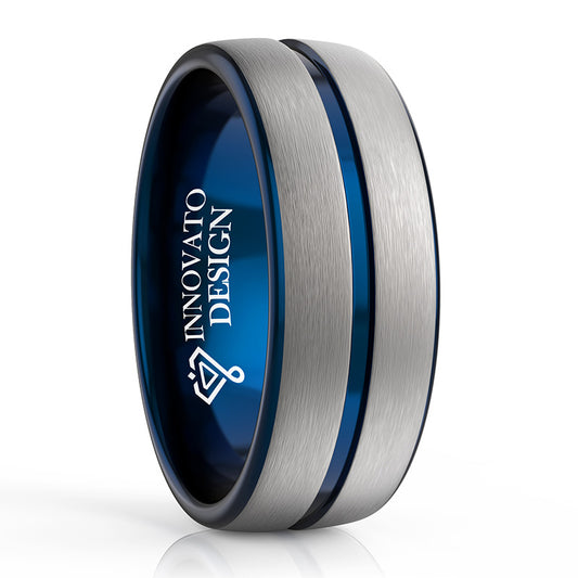 8mm Silver Blue Two Tone Grooved Center Tungsten Carbide Ring-Rings-Innovato Design-5-Innovato Design