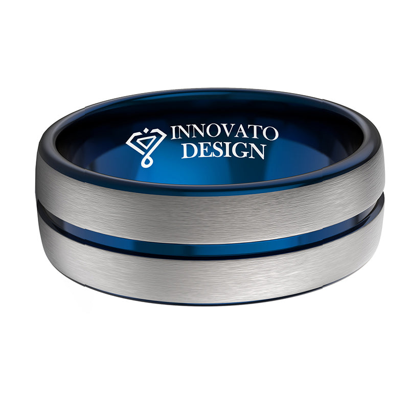 8mm Silver Blue Two Tone Grooved Center Tungsten Carbide Ring-Rings-Innovato Design-5-Innovato Design