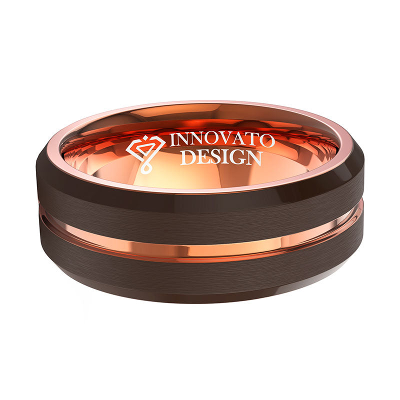 8 mm Brown Brushed Tungsten Carbide Wedding Band Ring Thin Rose Gold Groove Comfort Fit-Rings-Innovato Design-6-Innovato Design
