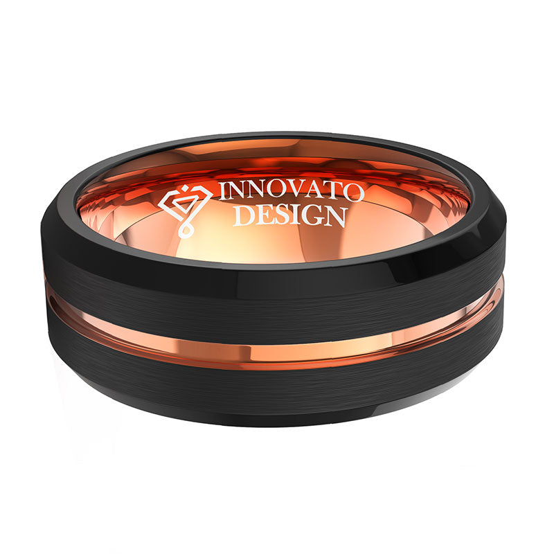 Men's 8mm Black Matte Finish Tungsten Carbide Ring 18K Rose Gold Plated Beveled Edge Wedding Band-Rings-Innovato Design-6-Innovato Design
